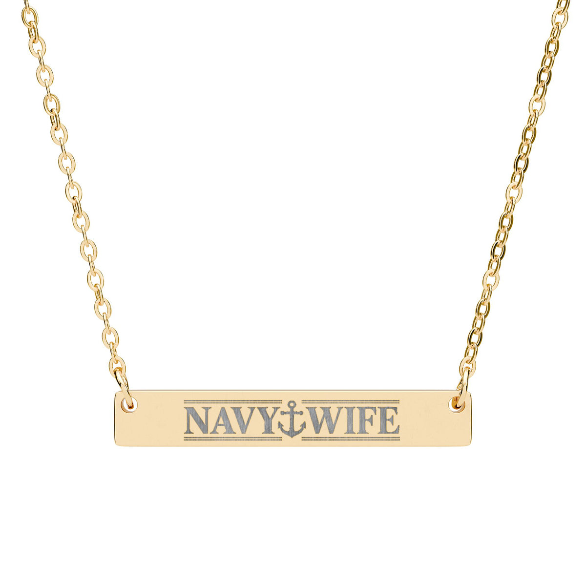 Navy Wife Engraved Bar Necklace — Personalized Military Anchor Pendant