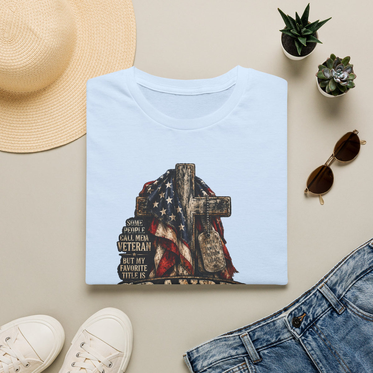 Grandpa Veteran T-Shirt – American Flag Cross Memorial Gift