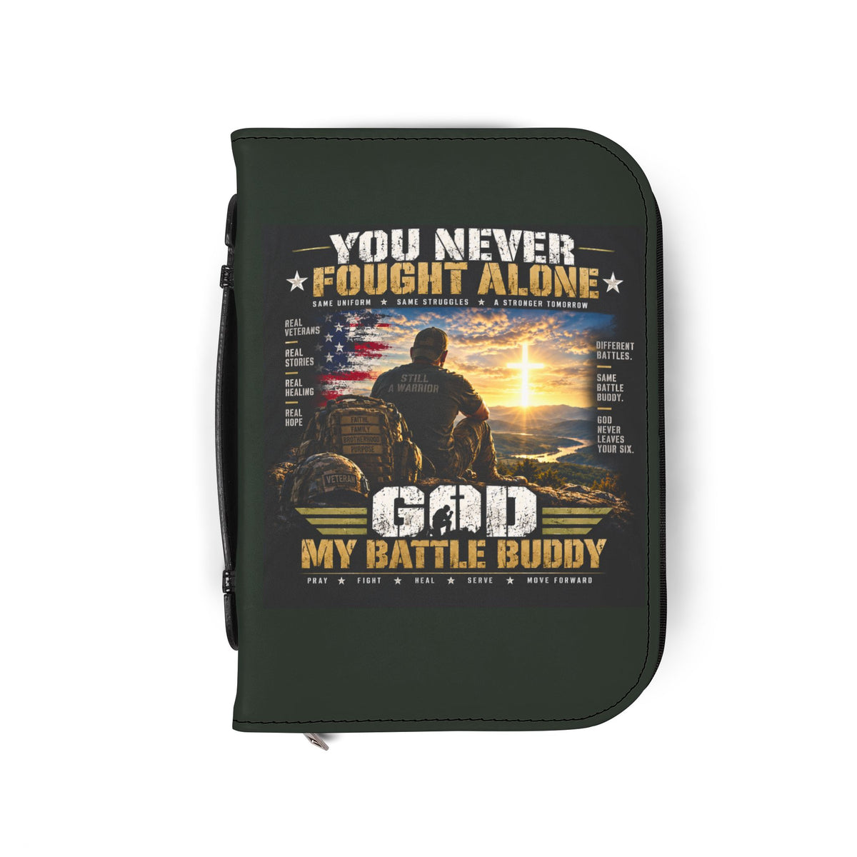 Bible Cover — "You Never Fought Alone / God My Battle Buddy" Christian Zip Bible Case