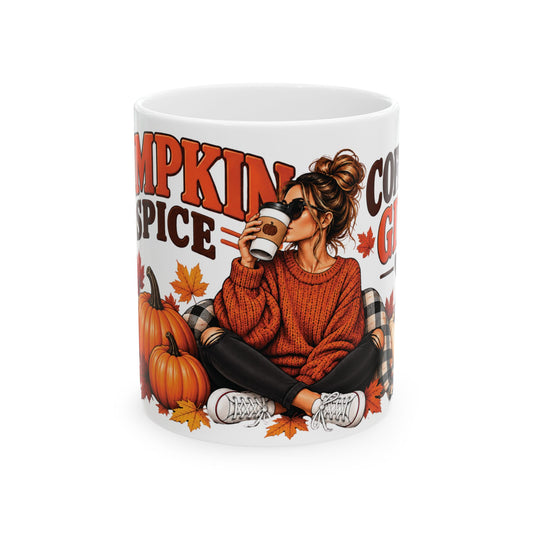 Pumpkin Spice Coffee Mug — Cozy Fall Woman Drinking Coffee (11oz & 15oz)