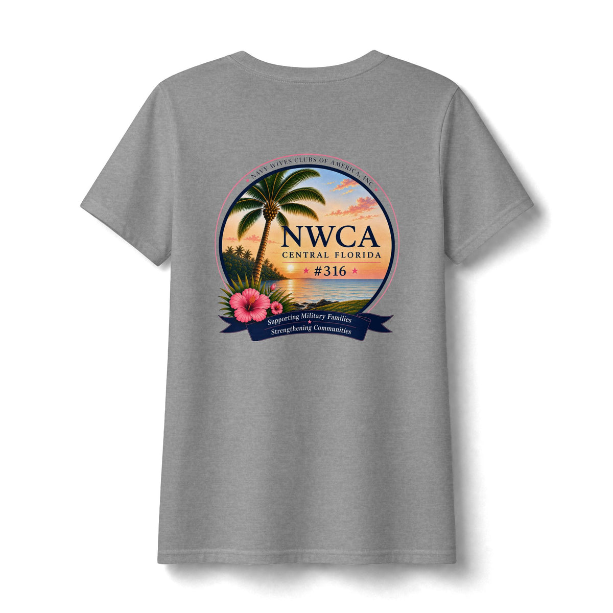 NWCA Central Florida V-Neck Tee — Tropical Palm Sunset Design