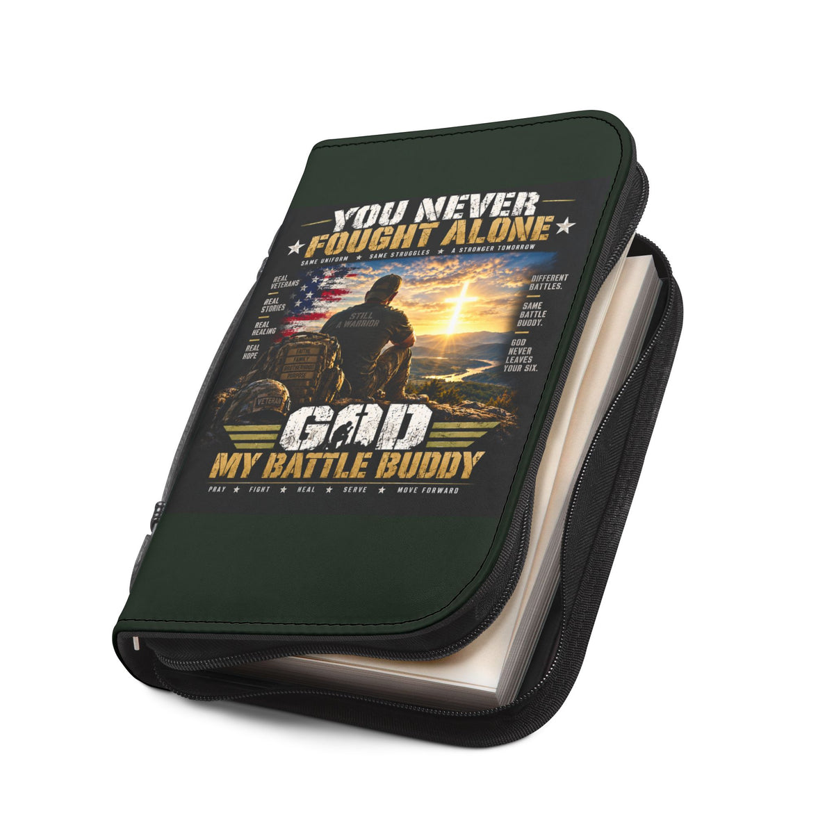 Bible Cover — "You Never Fought Alone / God My Battle Buddy" Christian Zip Bible Case