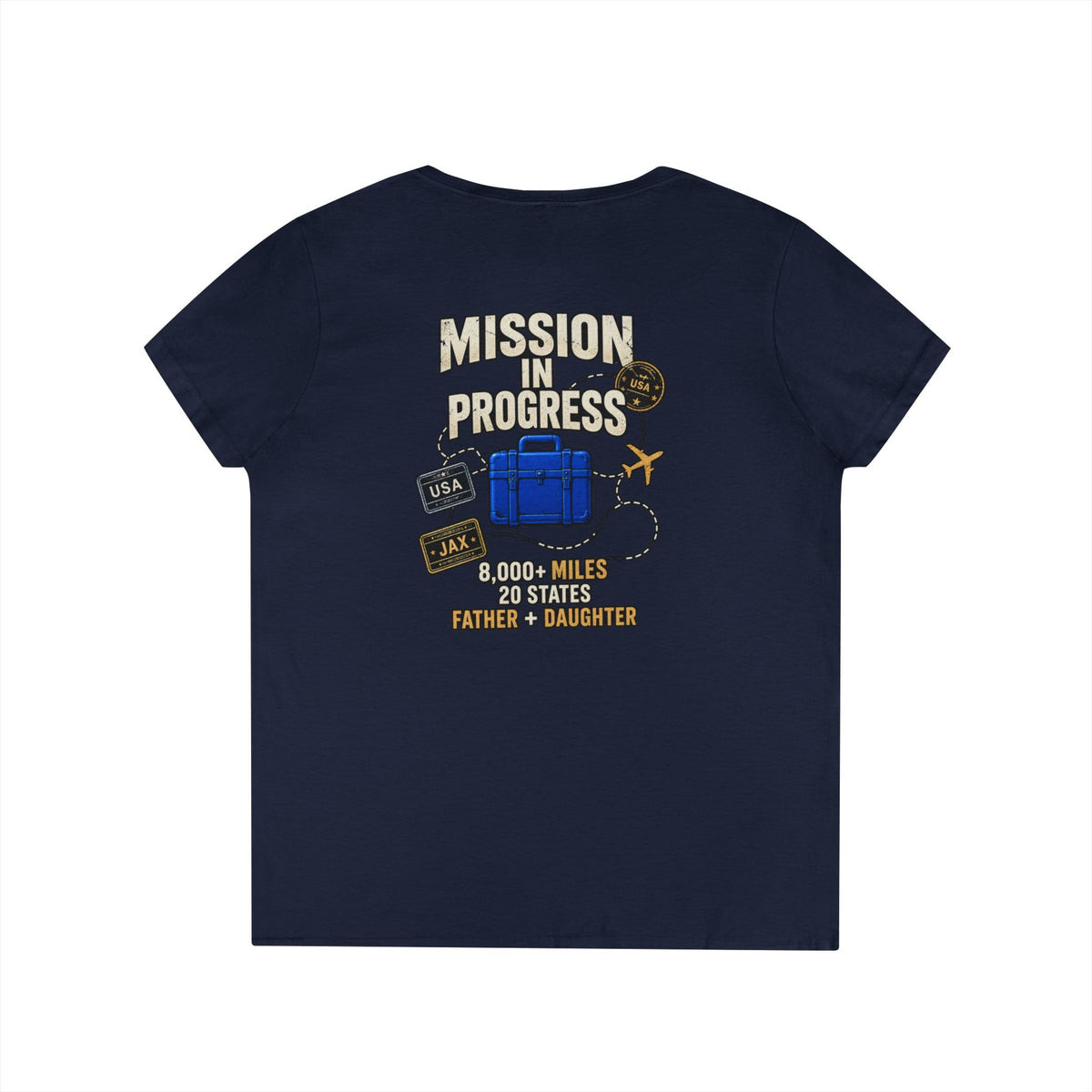 The Pursuit Mission in Progress V-Neck Tee — Travel Packing Graphic