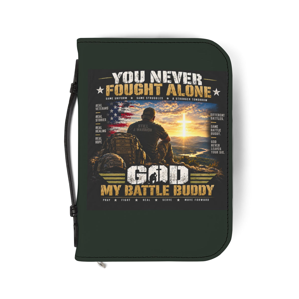 Bible Cover — "You Never Fought Alone / God My Battle Buddy" Christian Zip Bible Case
