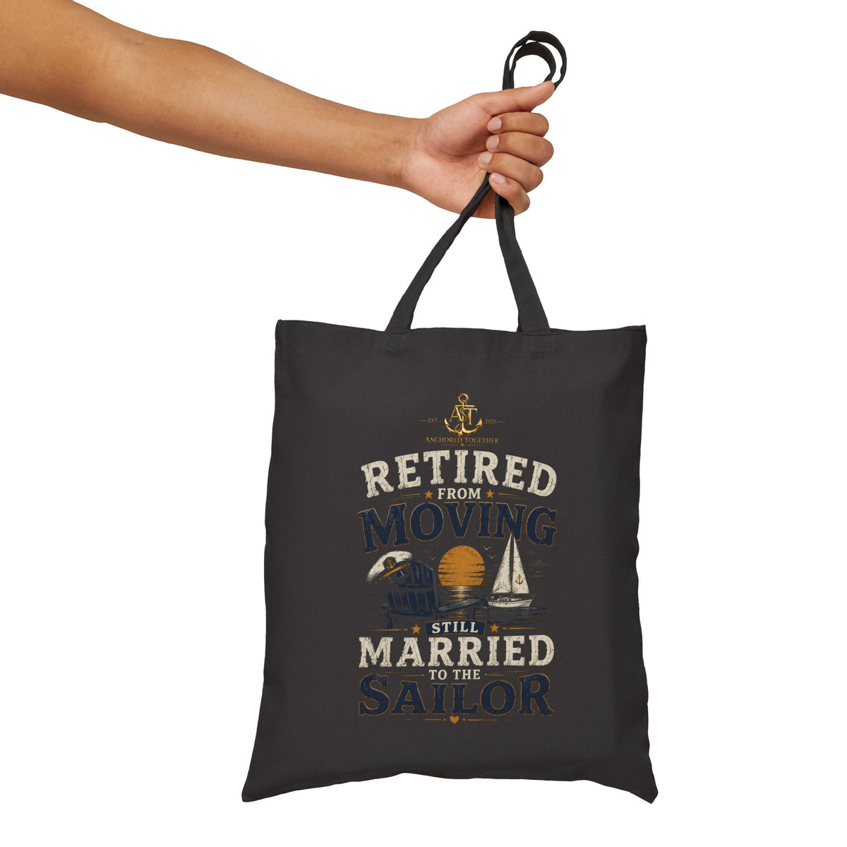 Tote Bag — "Retired Moving Married Sailor" Canvas Tote for Retired Navy & Marine Life, Beachy Retirement Gift