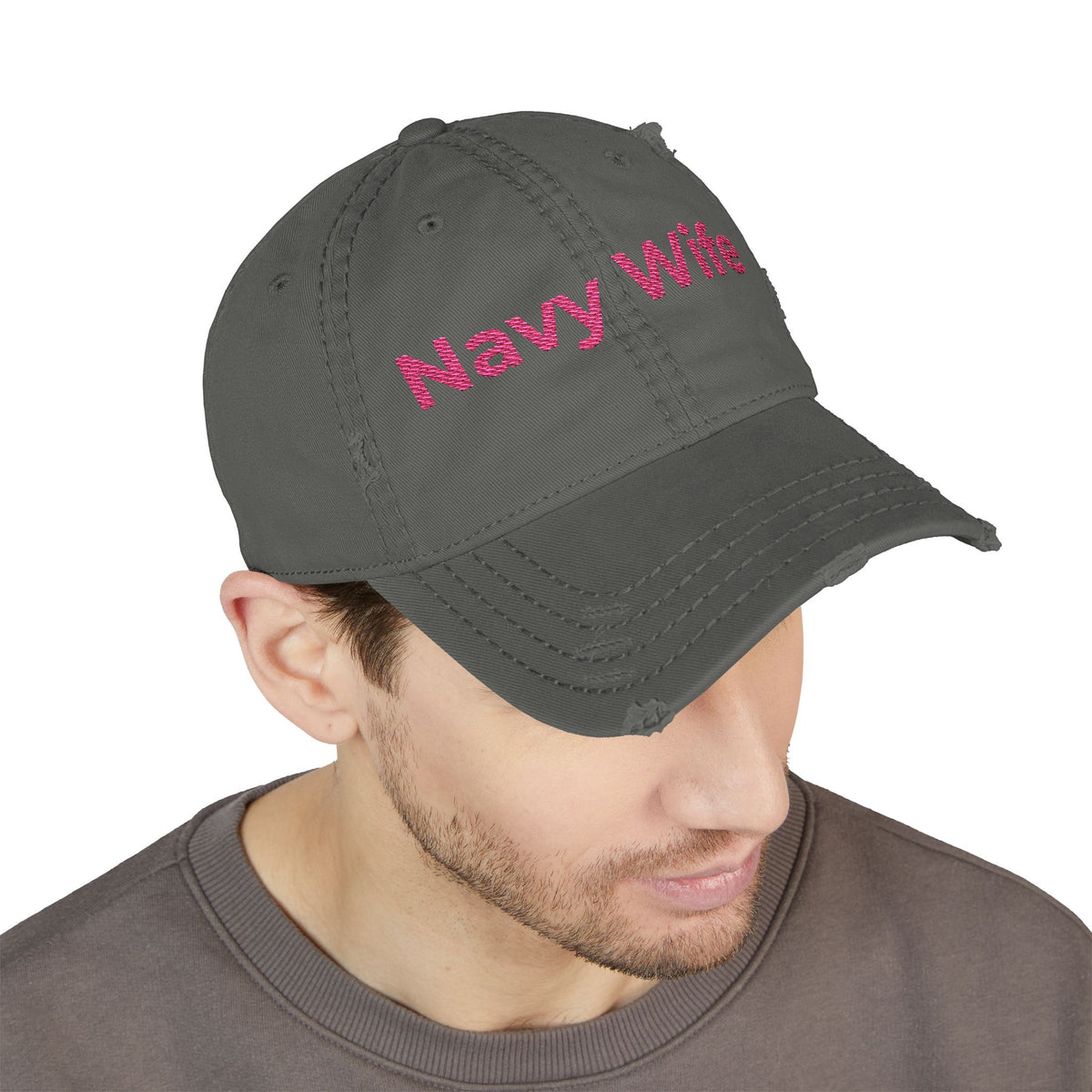 Navy Wife Distressed Dad Hat - Embroidered Pink Text