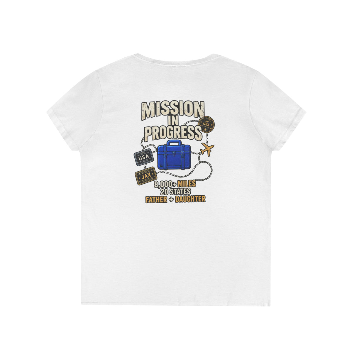 The Pursuit Mission in Progress V-Neck Tee — Travel Packing Graphic
