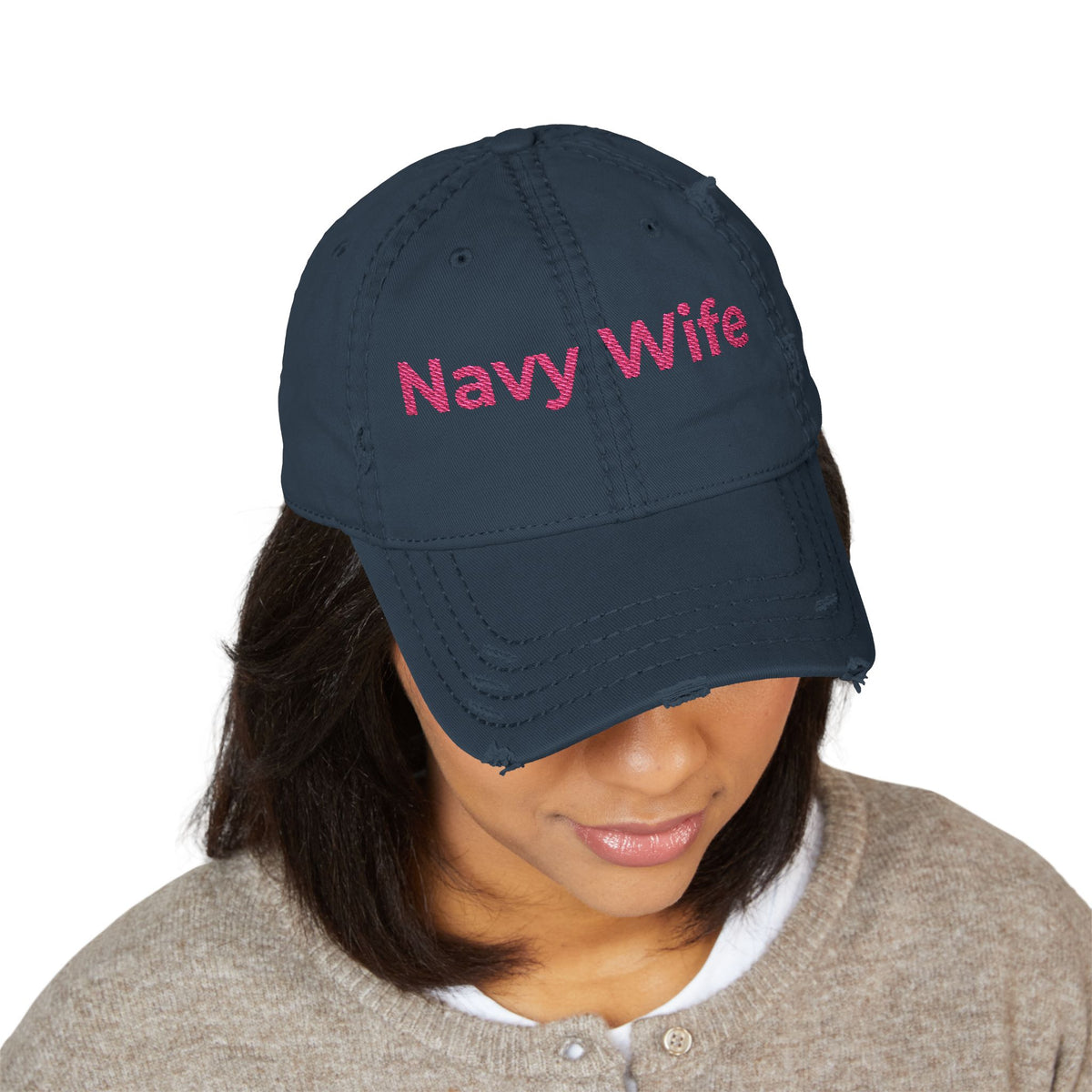 Navy Wife Distressed Dad Hat - Embroidered Pink Text