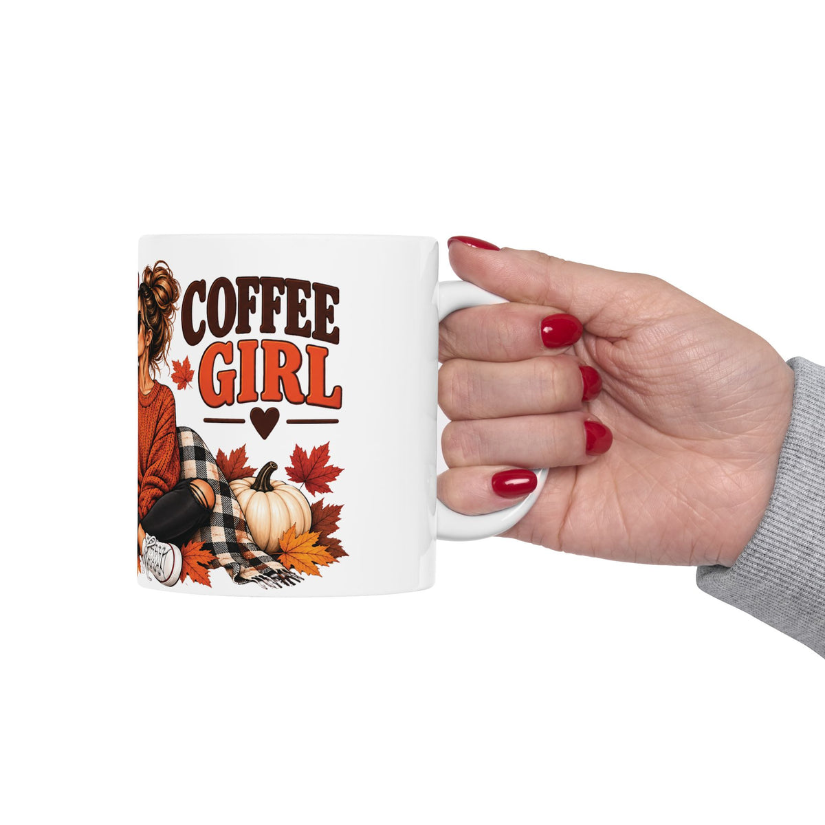 Pumpkin Spice Coffee Mug — Cozy Fall Woman Drinking Coffee (11oz & 15oz)