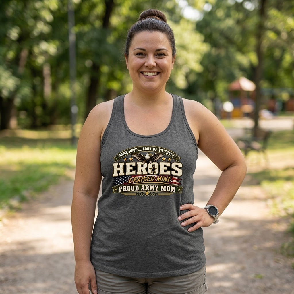 Proud Army Mom Tank Top — “Some People Look Up To Their Heroes, I Raised Mine” Military Tribute
