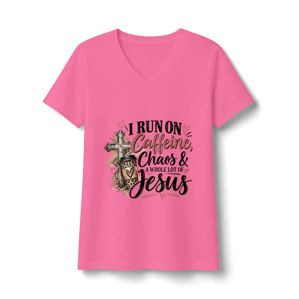 Women's V-Neck Tee - "I Run on Caffeine, Chaos & a Whole Lot of Jesus" Christian Graphic Shirt