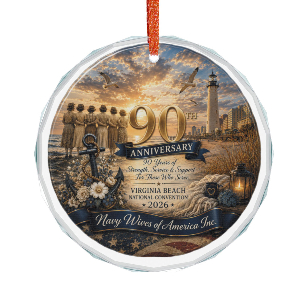 NWCA 90th Anniversary Virginia Beach Glass Ornament — Commemorative Nautical Holiday Keepsake