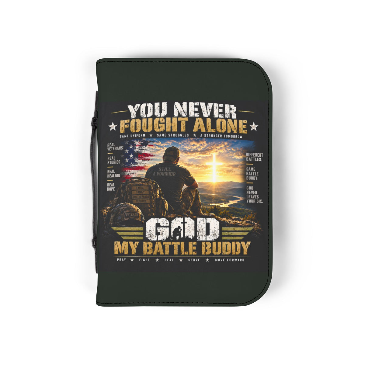 Bible Cover — "You Never Fought Alone / God My Battle Buddy" Christian Zip Bible Case