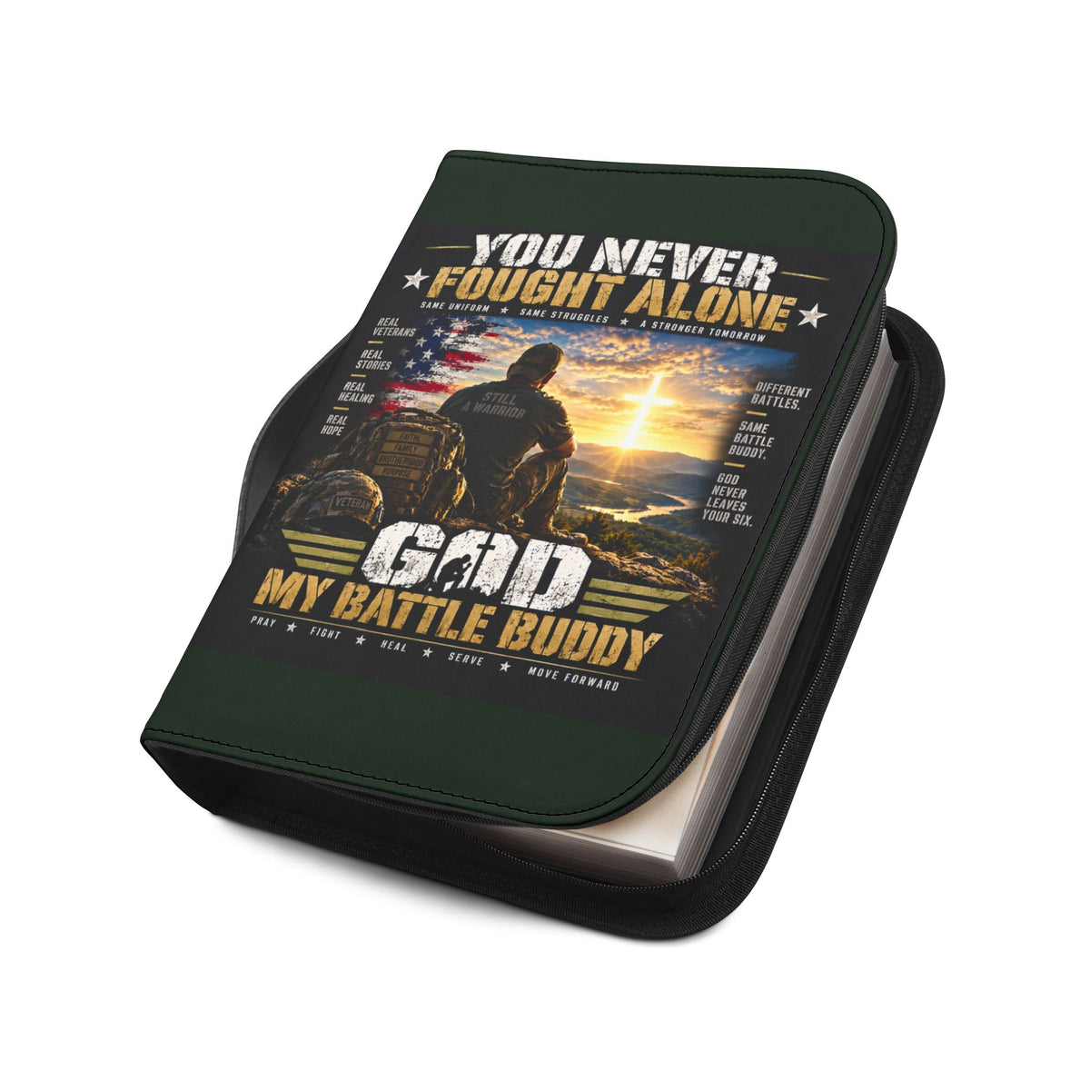 Bible Cover — "You Never Fought Alone / God My Battle Buddy" Christian Zip Bible Case