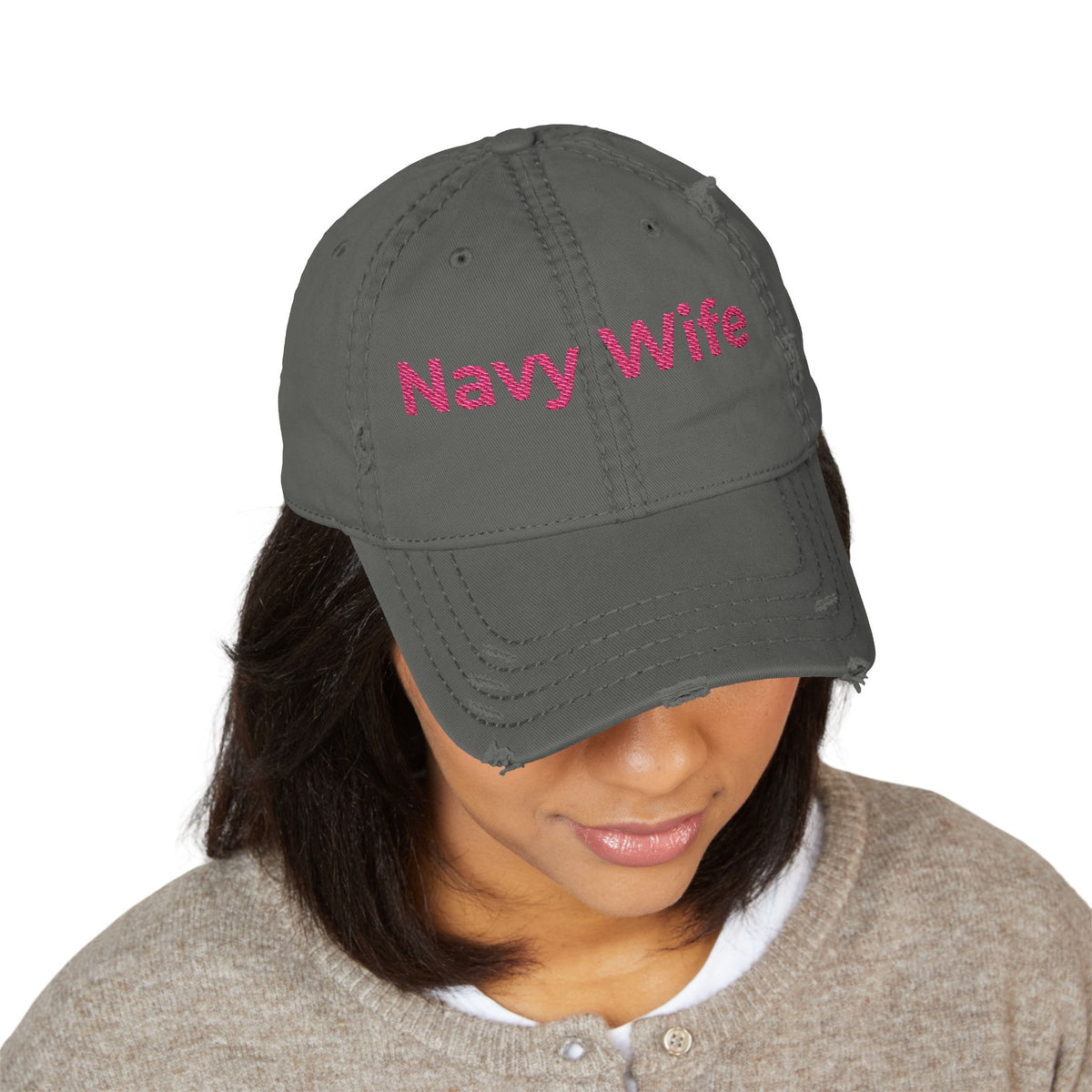 Navy Wife Distressed Dad Hat - Embroidered Pink Text