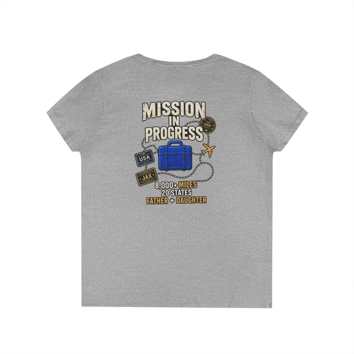 The Pursuit Mission in Progress V-Neck Tee — Travel Packing Graphic