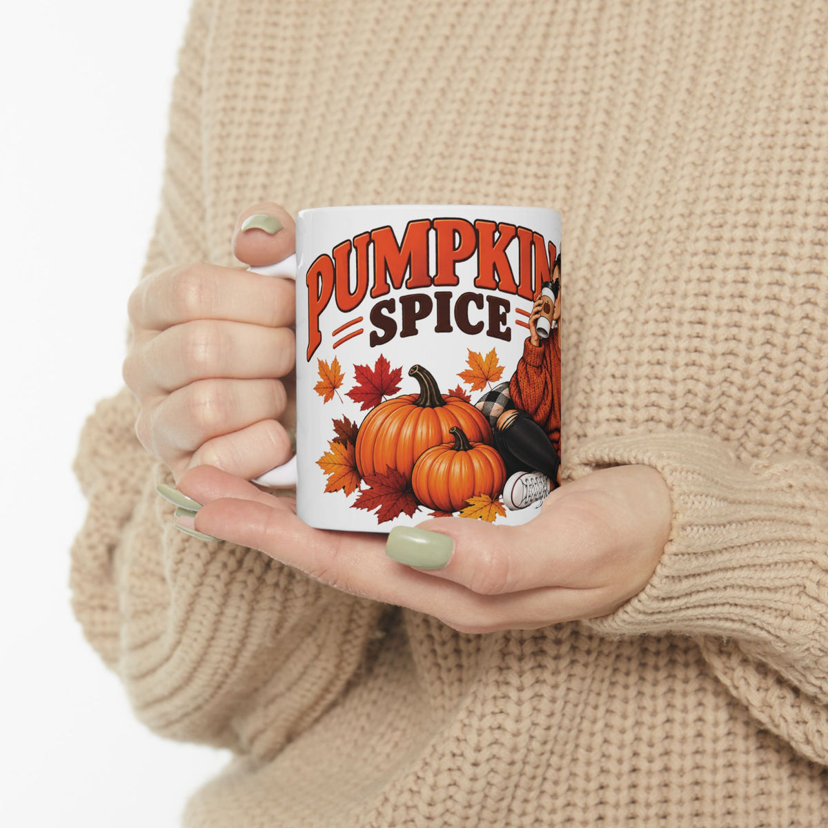 Pumpkin Spice Coffee Mug — Cozy Fall Woman Drinking Coffee (11oz & 15oz)