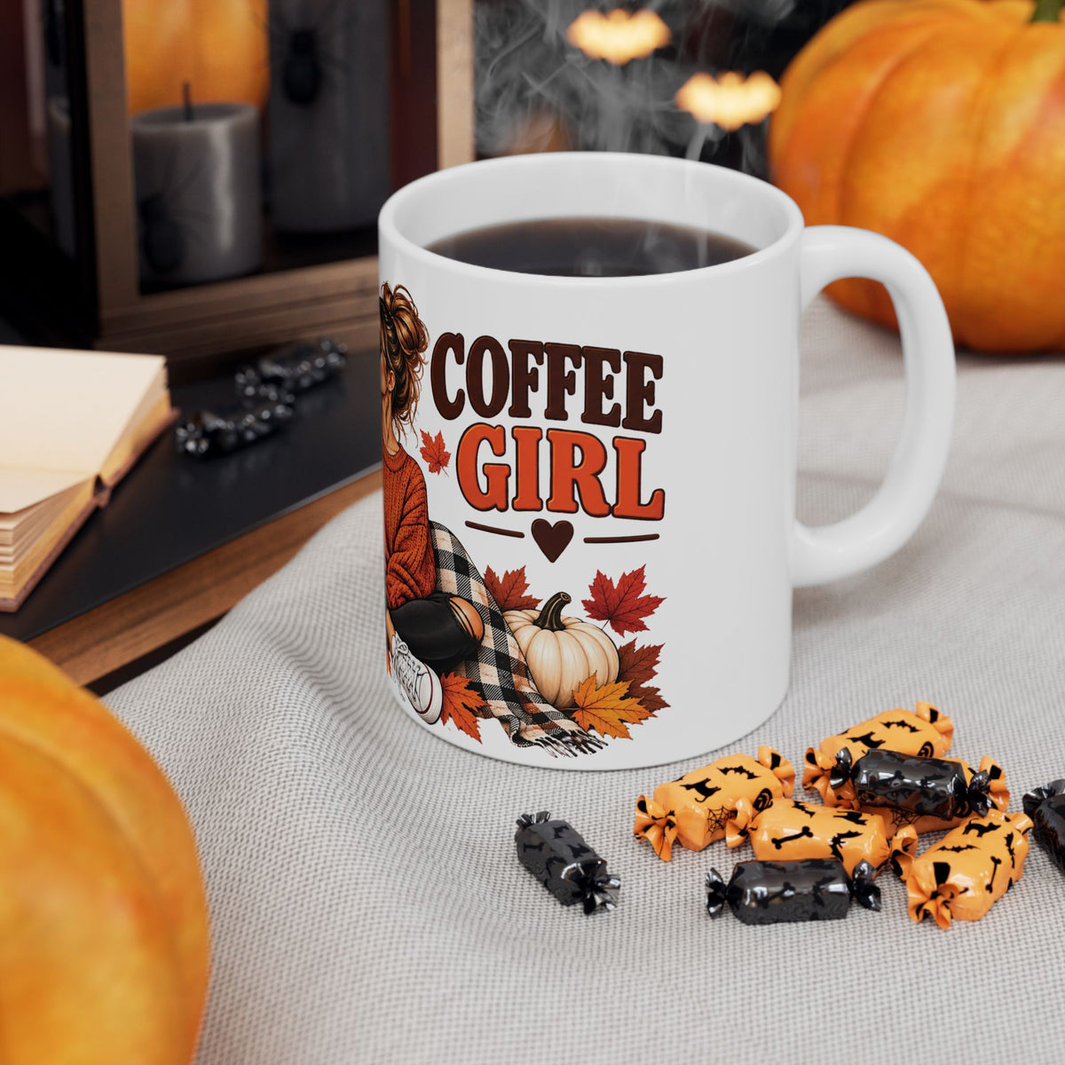Pumpkin Spice Coffee Mug — Cozy Fall Woman Drinking Coffee (11oz & 15oz)