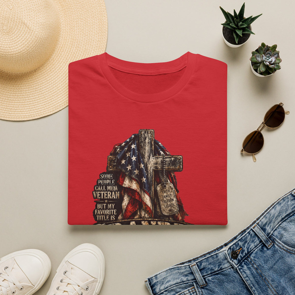 Grandpa Veteran T-Shirt – American Flag Cross Memorial Gift