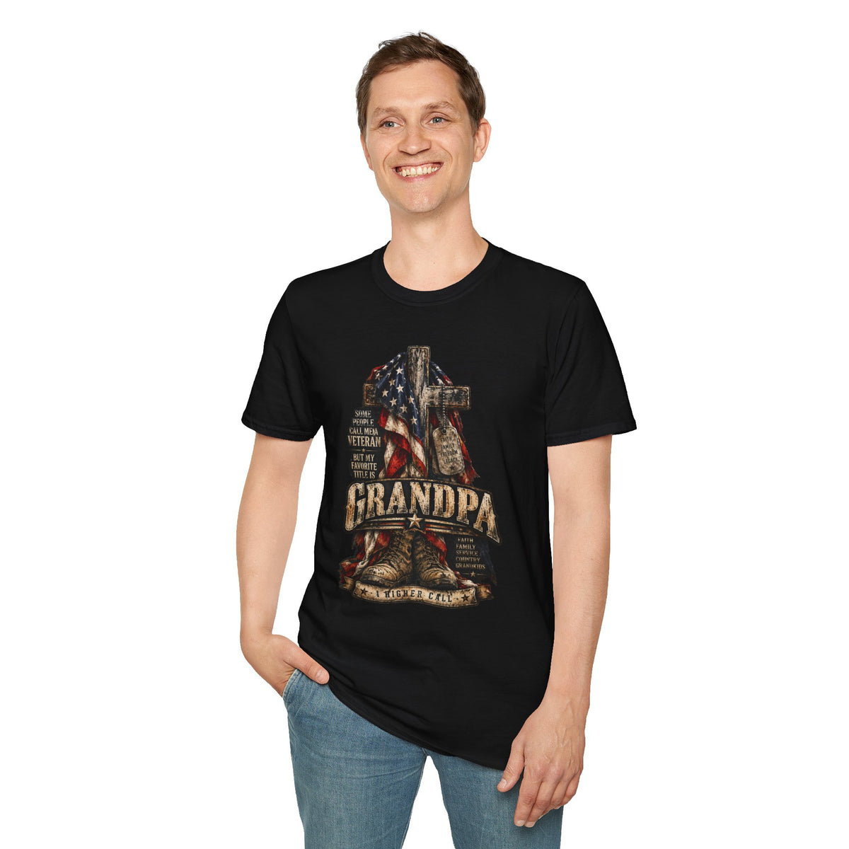 Grandpa Veteran T-Shirt – American Flag Cross Memorial Gift