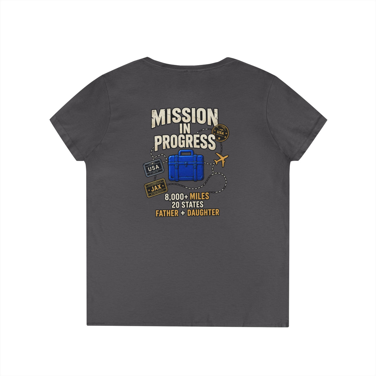The Pursuit Mission in Progress V-Neck Tee — Travel Packing Graphic