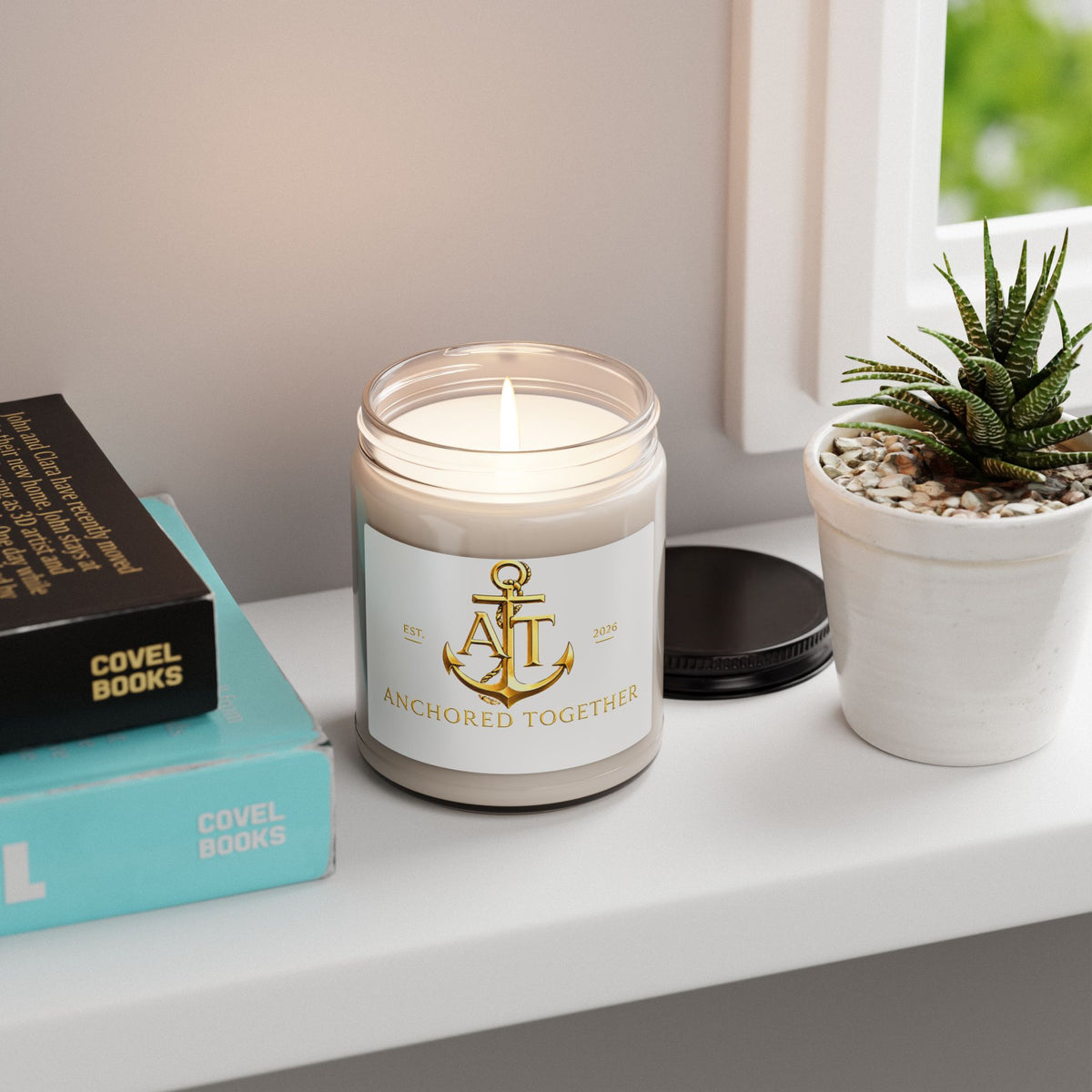 Anchored Together 9oz Scented Soy Candle — Nautical Anchor Logo Candle for Couples & Coastal Decor