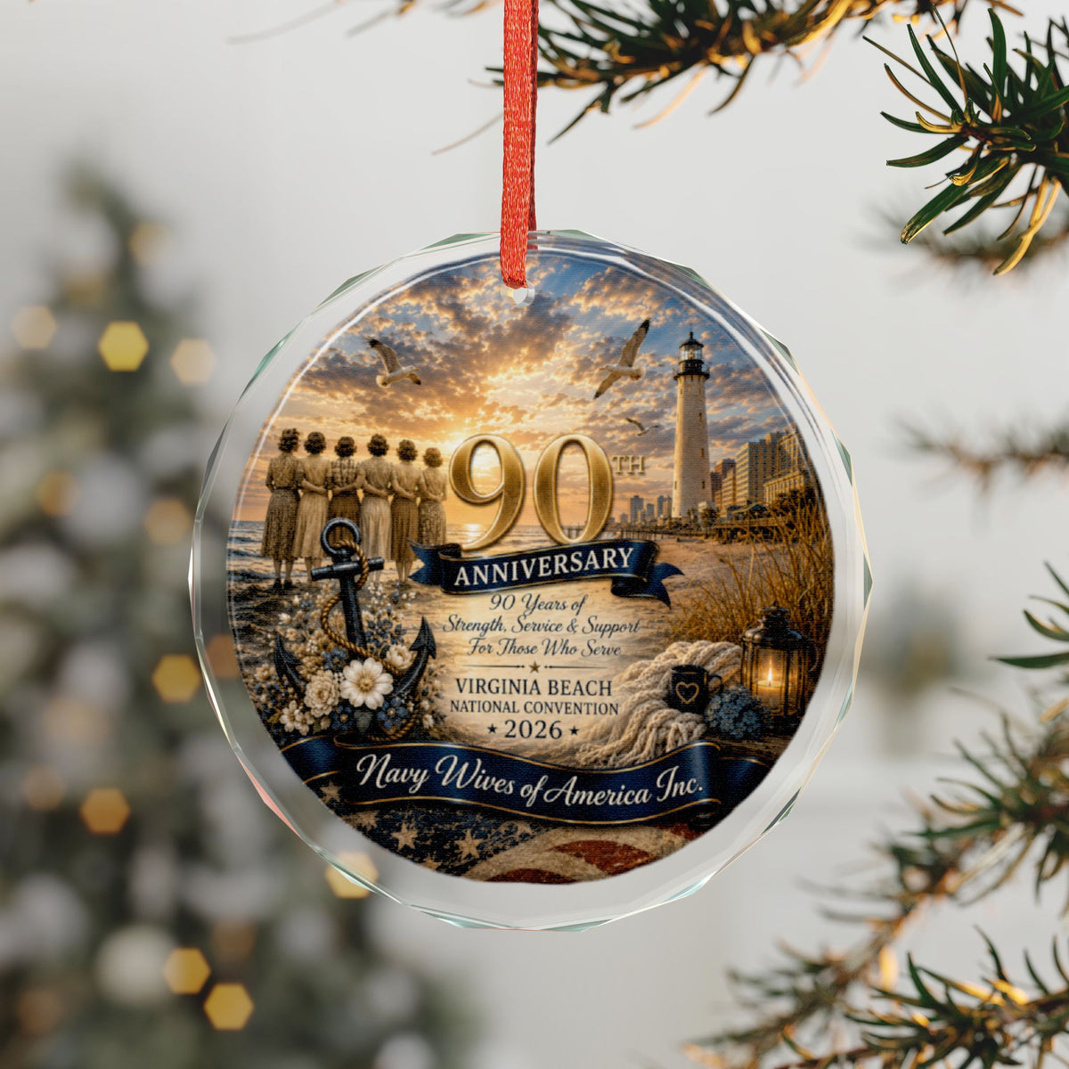 NWCA 90th Anniversary Virginia Beach Glass Ornament — Commemorative Nautical Holiday Keepsake
