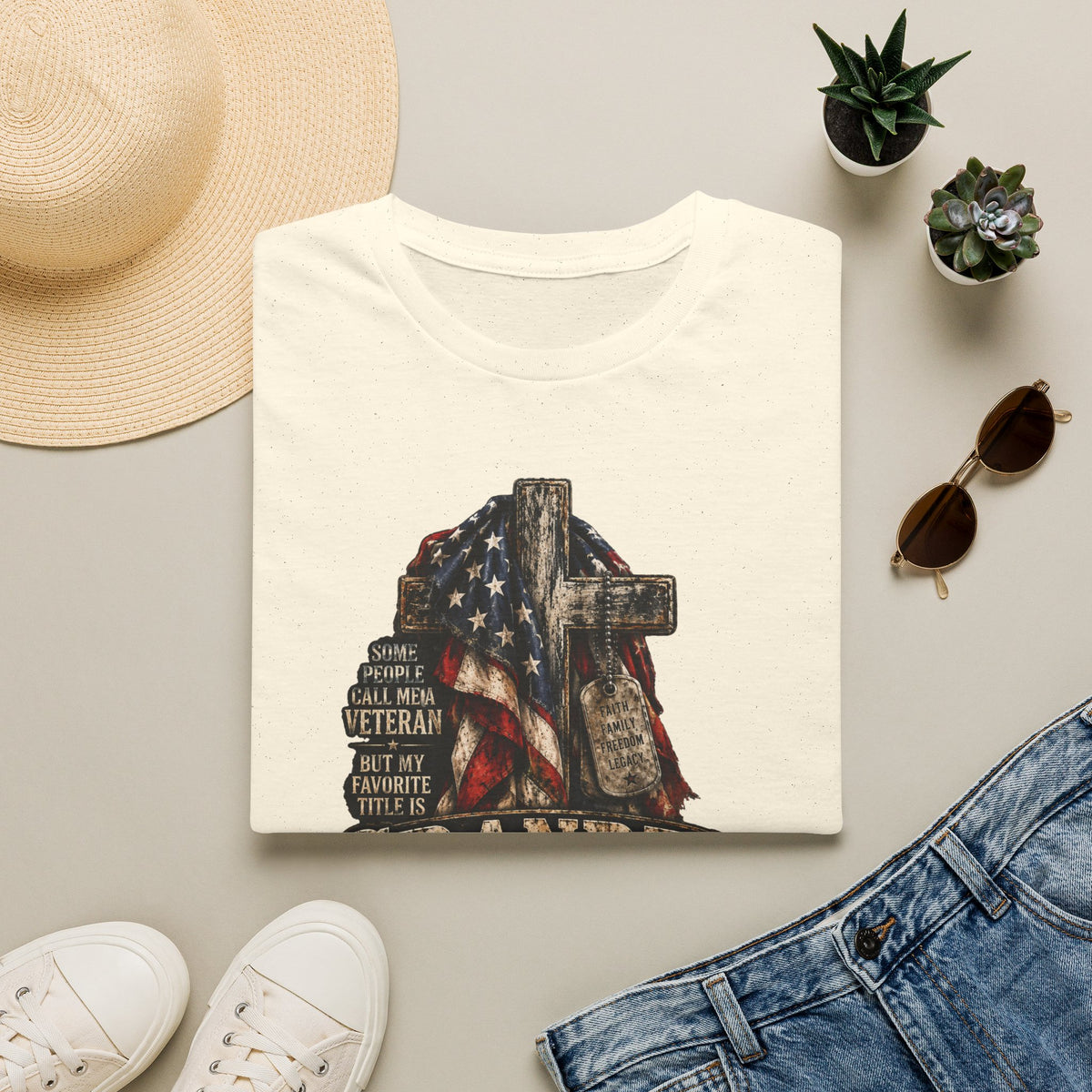 Grandpa Veteran T-Shirt – American Flag Cross Memorial Gift