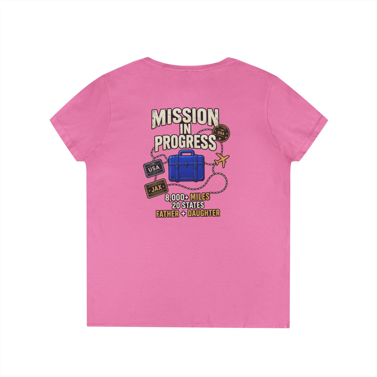 The Pursuit Mission in Progress V-Neck Tee — Travel Packing Graphic