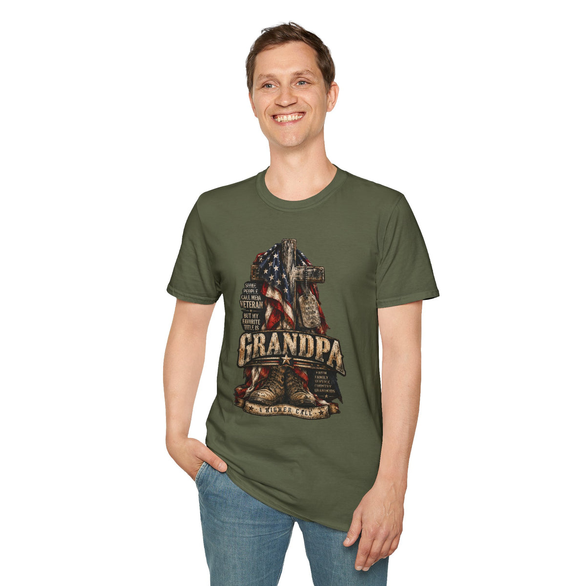 Grandpa Veteran T-Shirt – American Flag Cross Memorial Gift