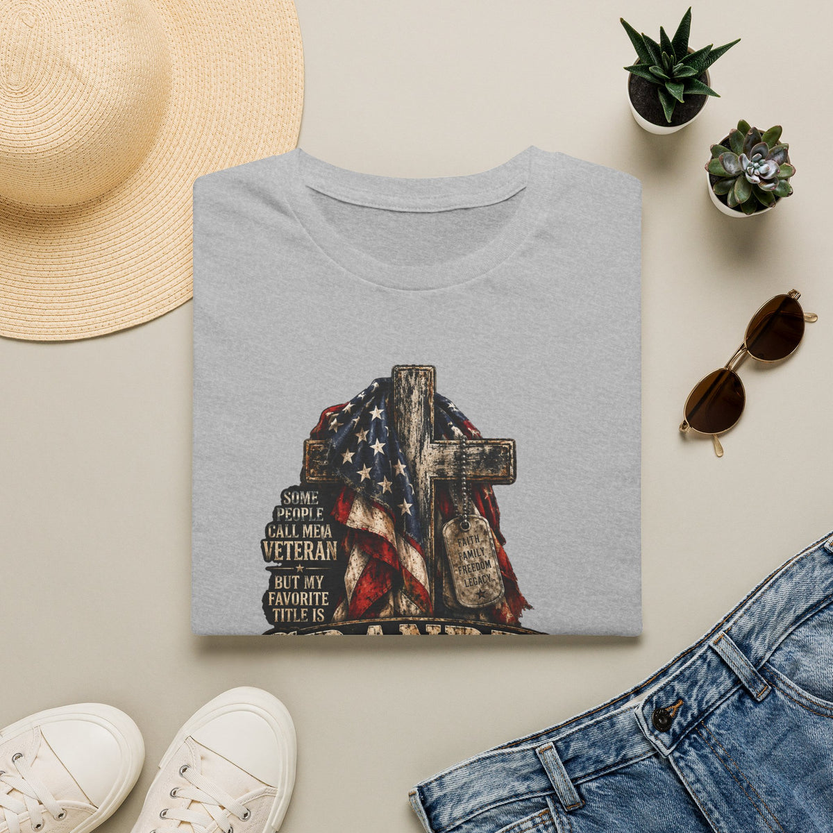 Grandpa Veteran T-Shirt – American Flag Cross Memorial Gift
