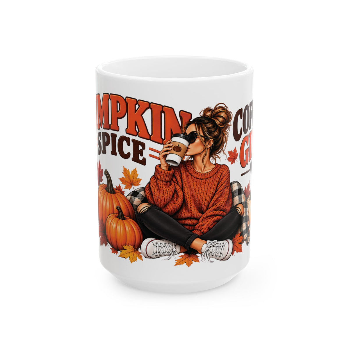 Pumpkin Spice Coffee Mug — Cozy Fall Woman Drinking Coffee (11oz & 15oz)
