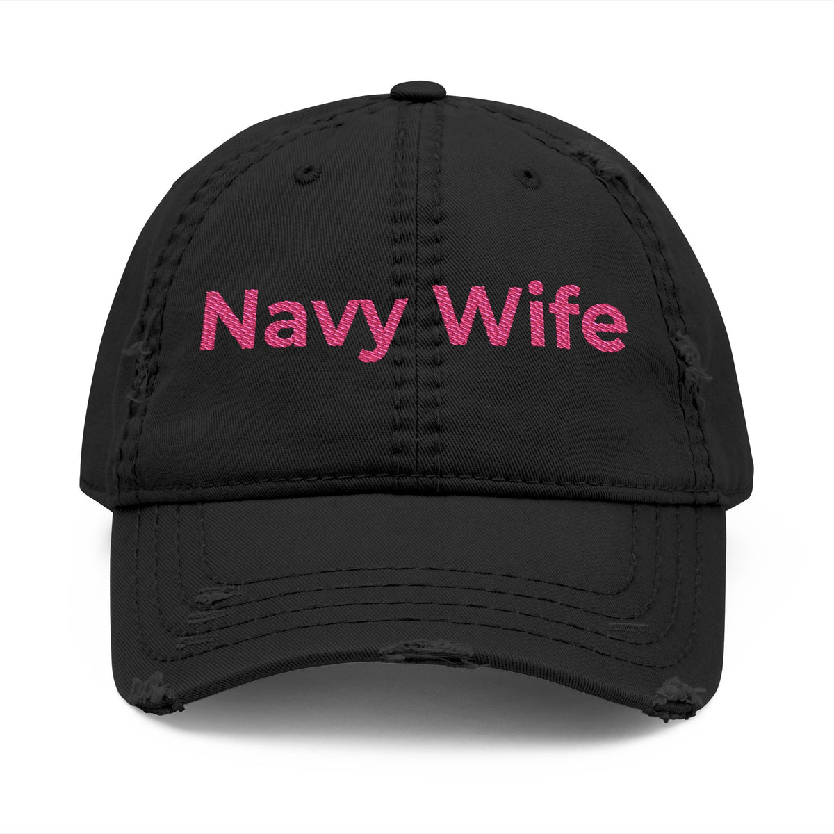 Navy Wife Distressed Dad Hat - Embroidered Pink Text