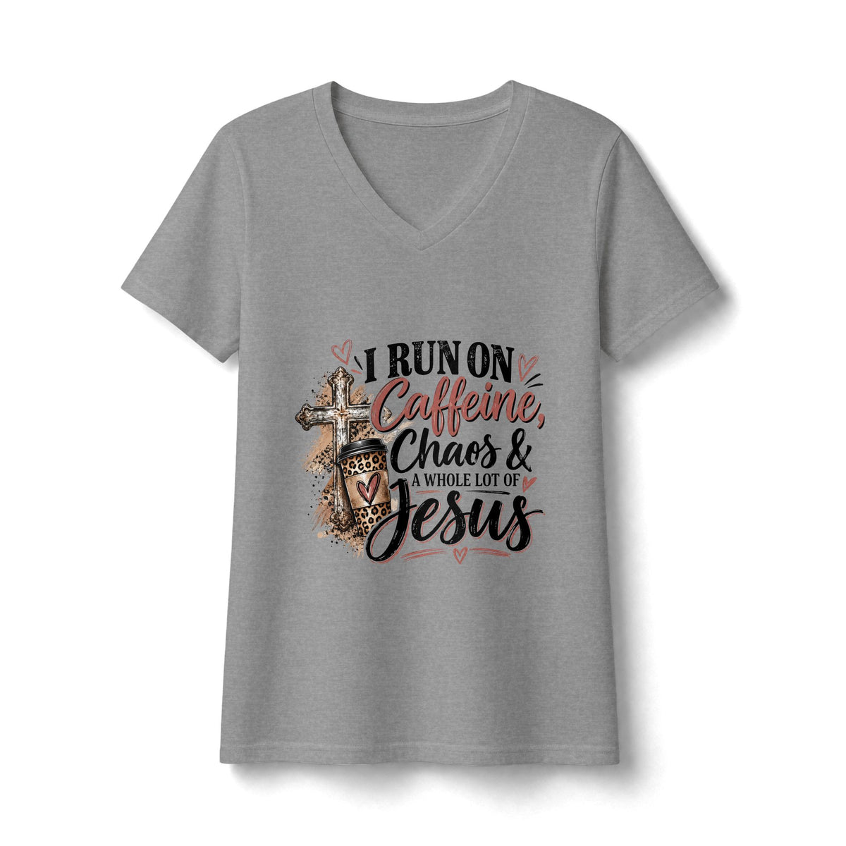 Women's V-Neck Tee - "I Run on Caffeine, Chaos & a Whole Lot of Jesus" Christian Graphic Shirt