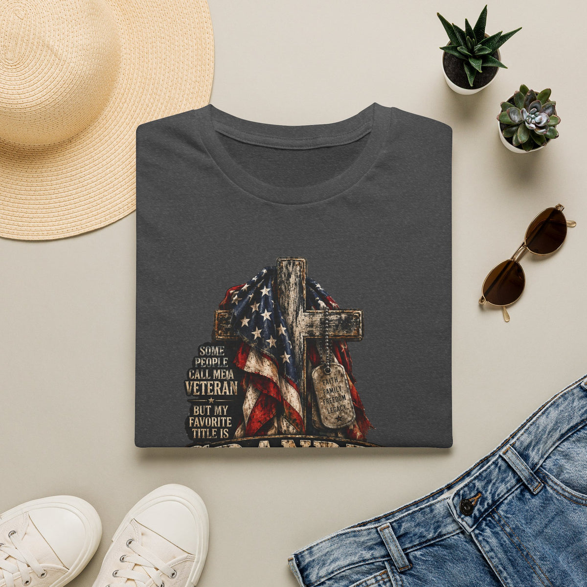 Grandpa Veteran T-Shirt – American Flag Cross Memorial Gift