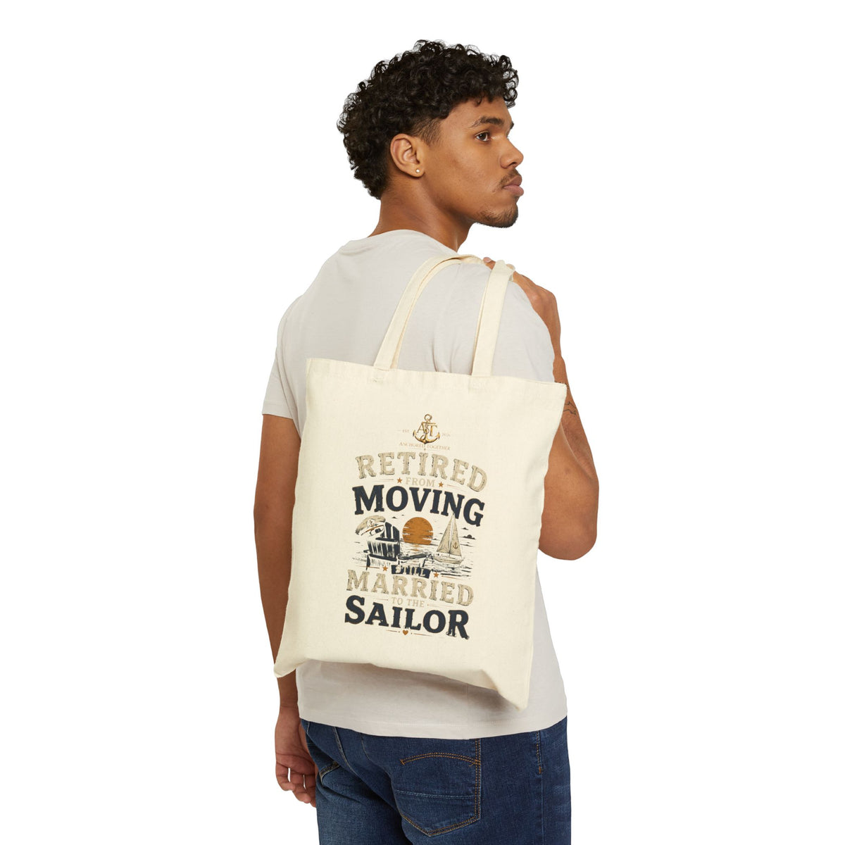Tote Bag — "Retired Moving Married Sailor" Canvas Tote for Retired Navy & Marine Life, Beachy Retirement Gift