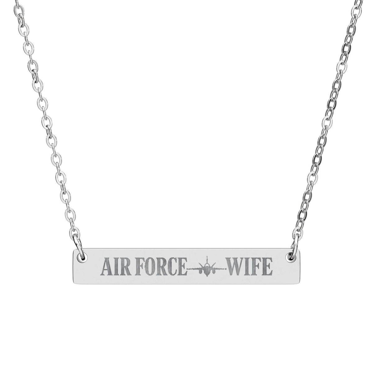 Air Force Wife Engraved Bar Necklace — Military Spouse Horizontal Pendant