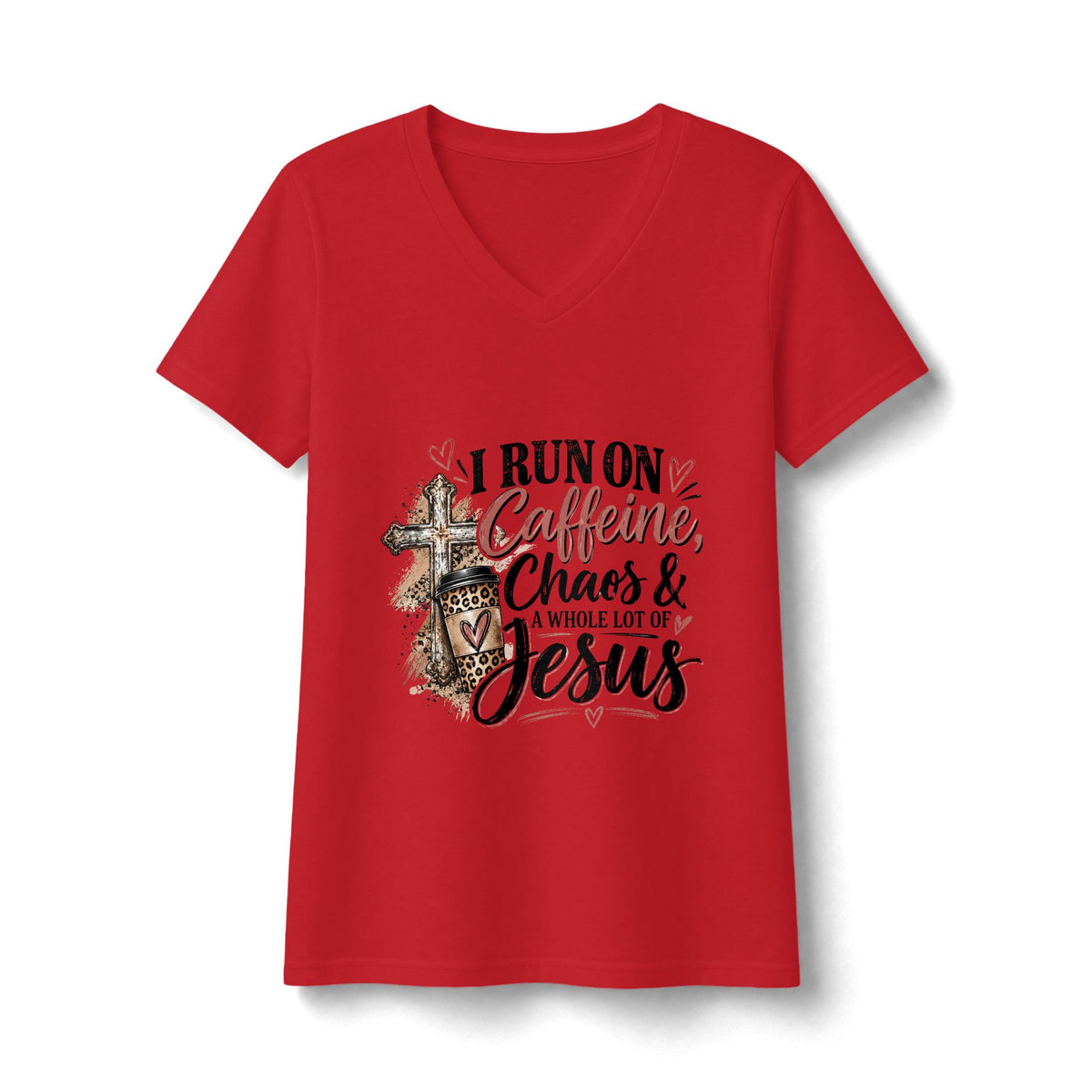 Women's V-Neck Tee - "I Run on Caffeine, Chaos & a Whole Lot of Jesus" Christian Graphic Shirt