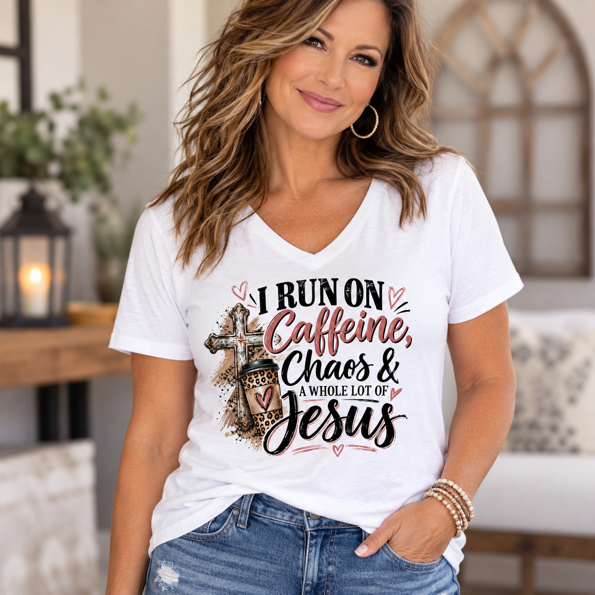 Women's V-Neck Tee - "I Run on Caffeine, Chaos & a Whole Lot of Jesus" Christian Graphic Shirt