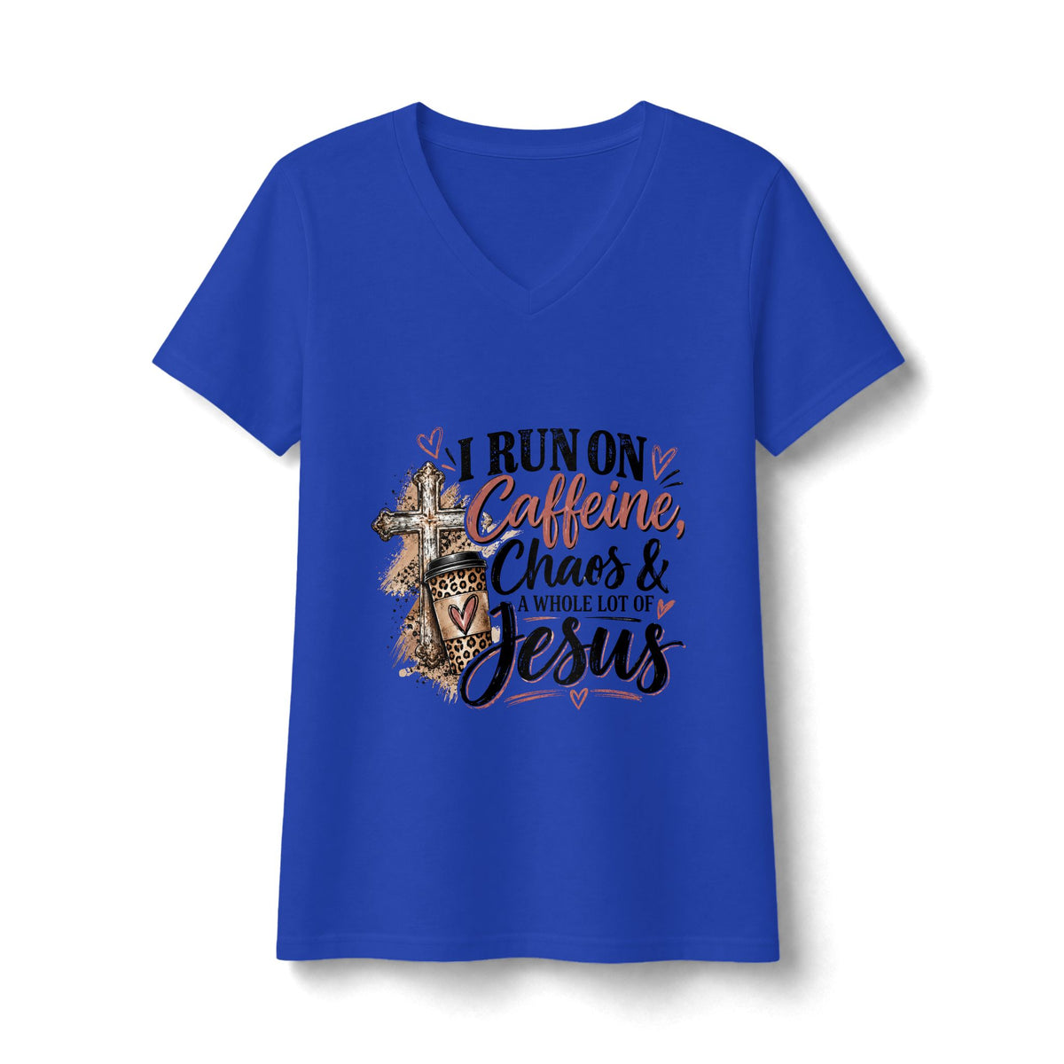 Women's V-Neck Tee - "I Run on Caffeine, Chaos & a Whole Lot of Jesus" Christian Graphic Shirt