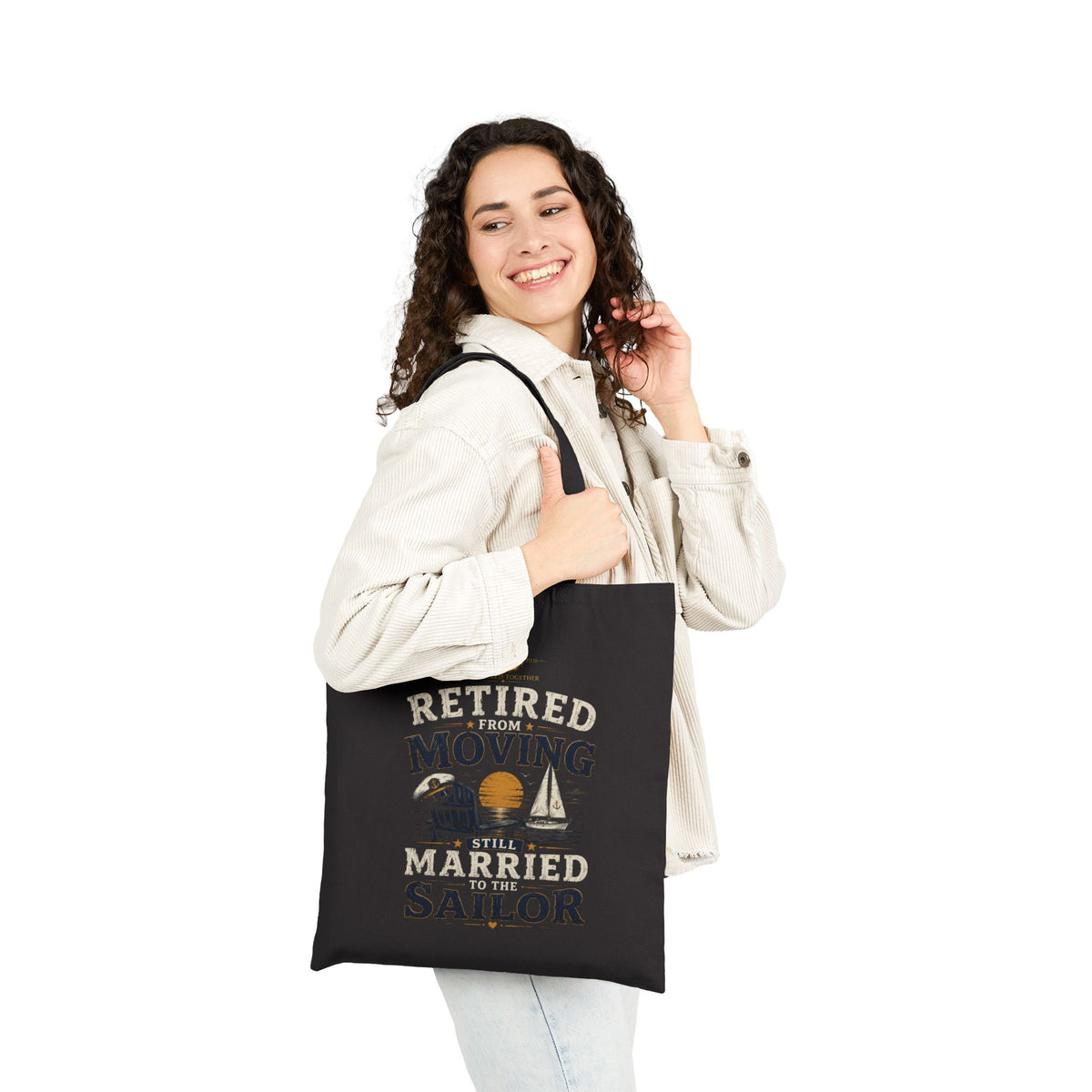 Tote Bag — "Retired Moving Married Sailor" Canvas Tote for Retired Navy & Marine Life, Beachy Retirement Gift