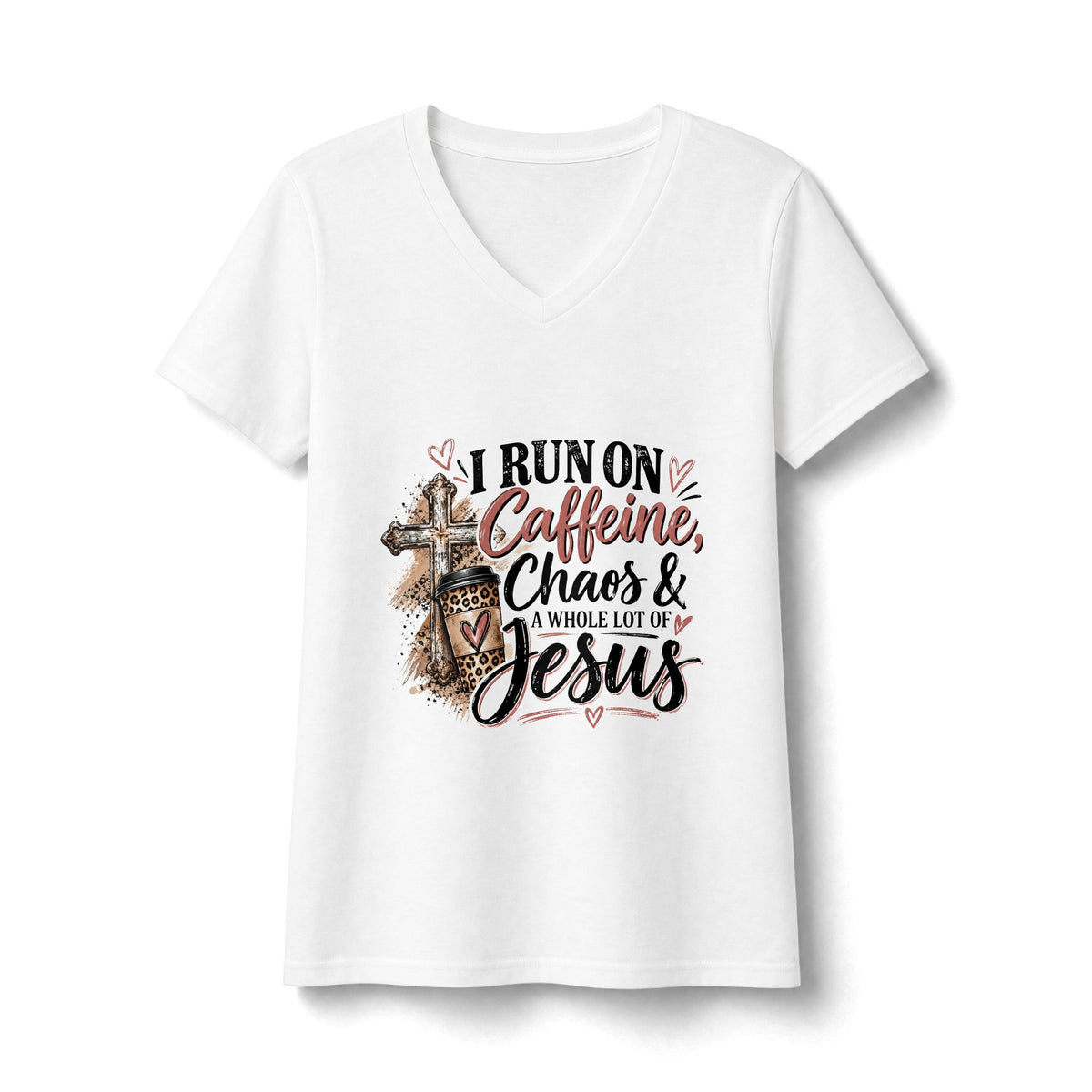 Women's V-Neck Tee - "I Run on Caffeine, Chaos & a Whole Lot of Jesus" Christian Graphic Shirt