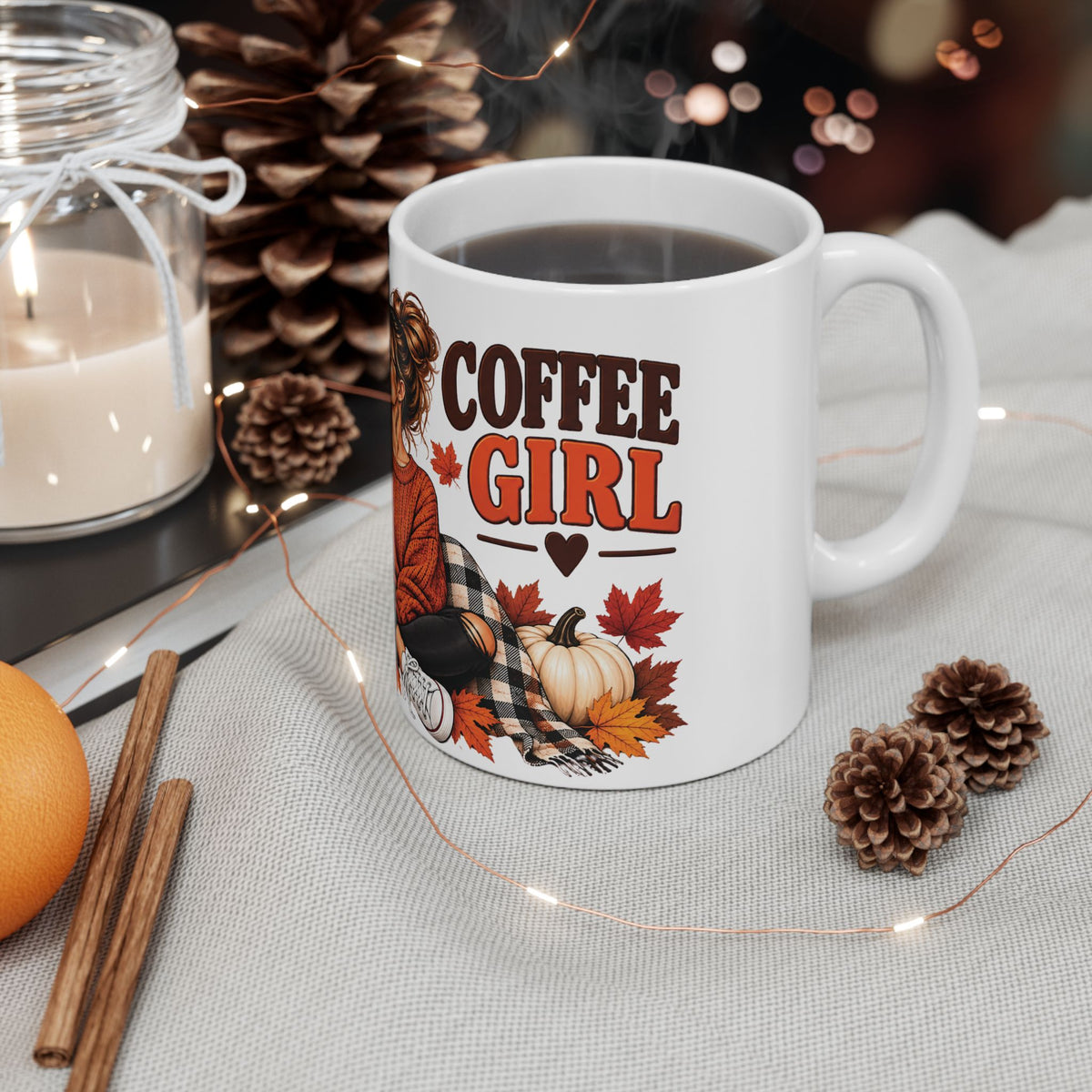 Pumpkin Spice Coffee Mug — Cozy Fall Woman Drinking Coffee (11oz & 15oz)