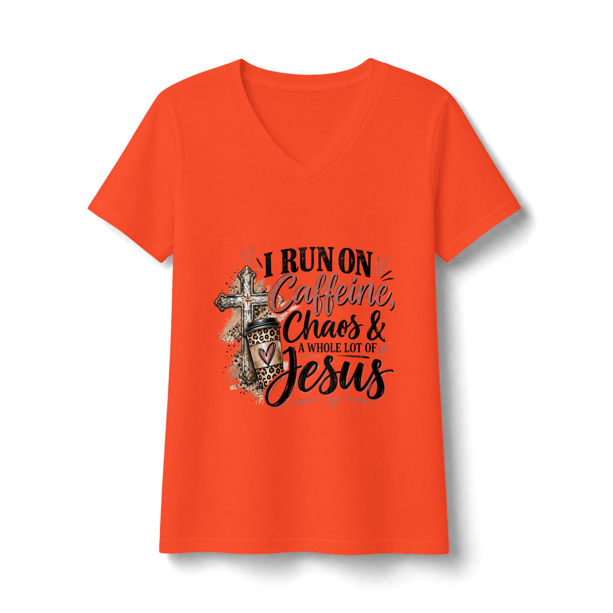 Women's V-Neck Tee - "I Run on Caffeine, Chaos & a Whole Lot of Jesus" Christian Graphic Shirt