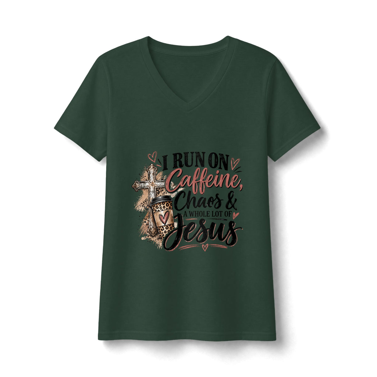 Women's V-Neck Tee - "I Run on Caffeine, Chaos & a Whole Lot of Jesus" Christian Graphic Shirt