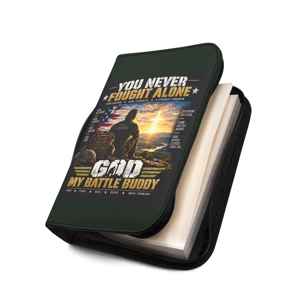 Bible Cover — "You Never Fought Alone / God My Battle Buddy" Christian Zip Bible Case