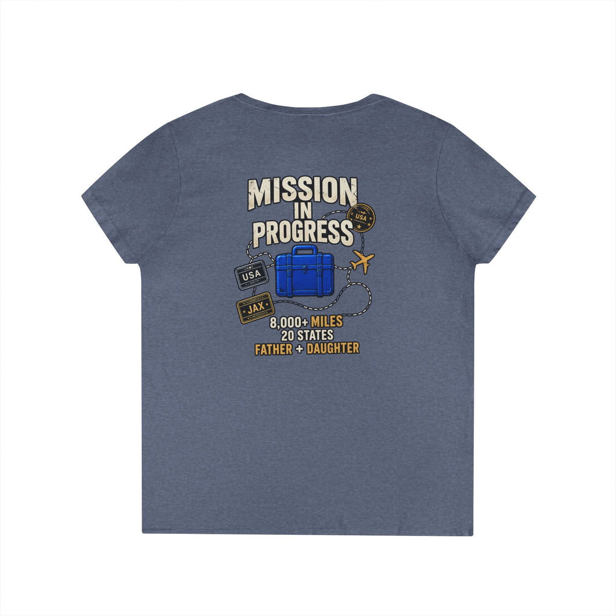 The Pursuit Mission in Progress V-Neck Tee — Travel Packing Graphic