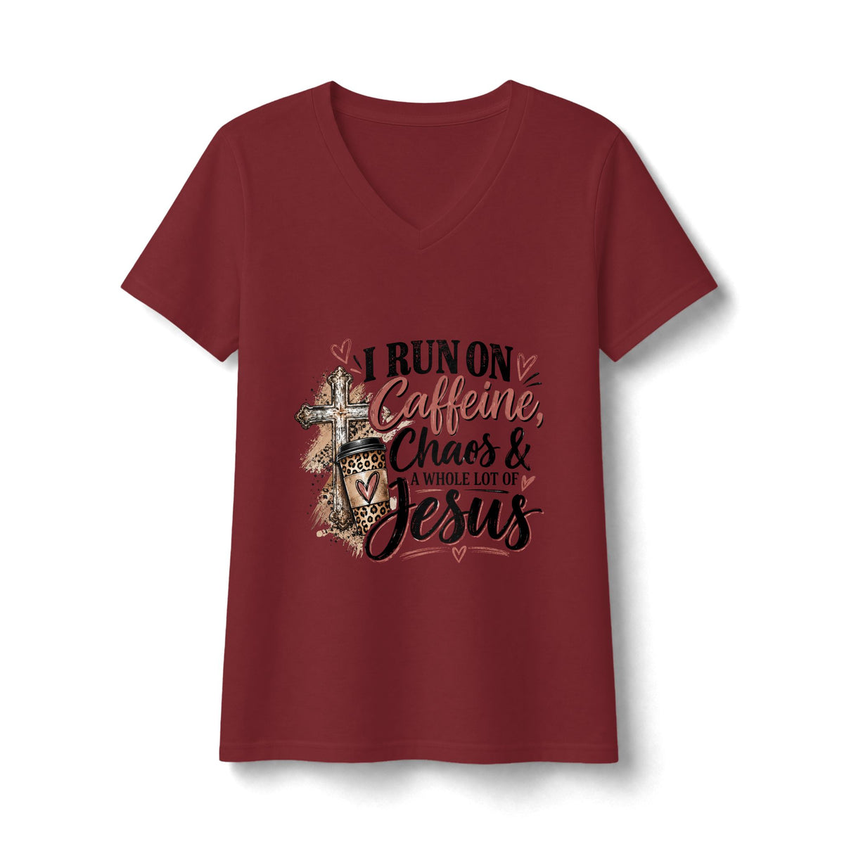 Women's V-Neck Tee - "I Run on Caffeine, Chaos & a Whole Lot of Jesus" Christian Graphic Shirt