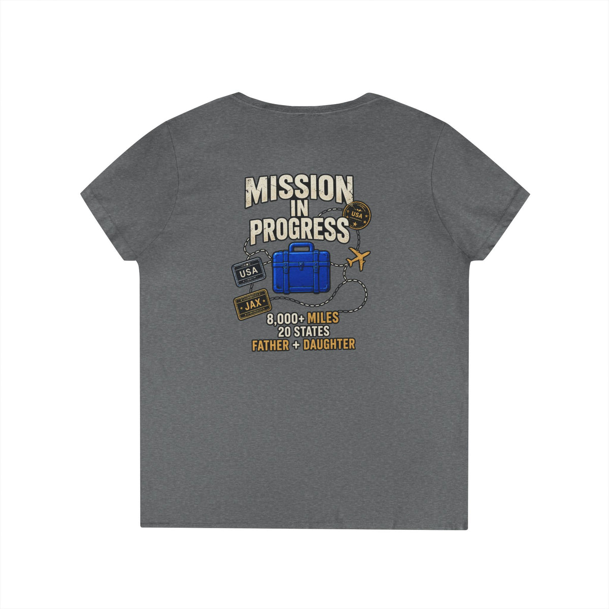 The Pursuit Mission in Progress V-Neck Tee — Travel Packing Graphic