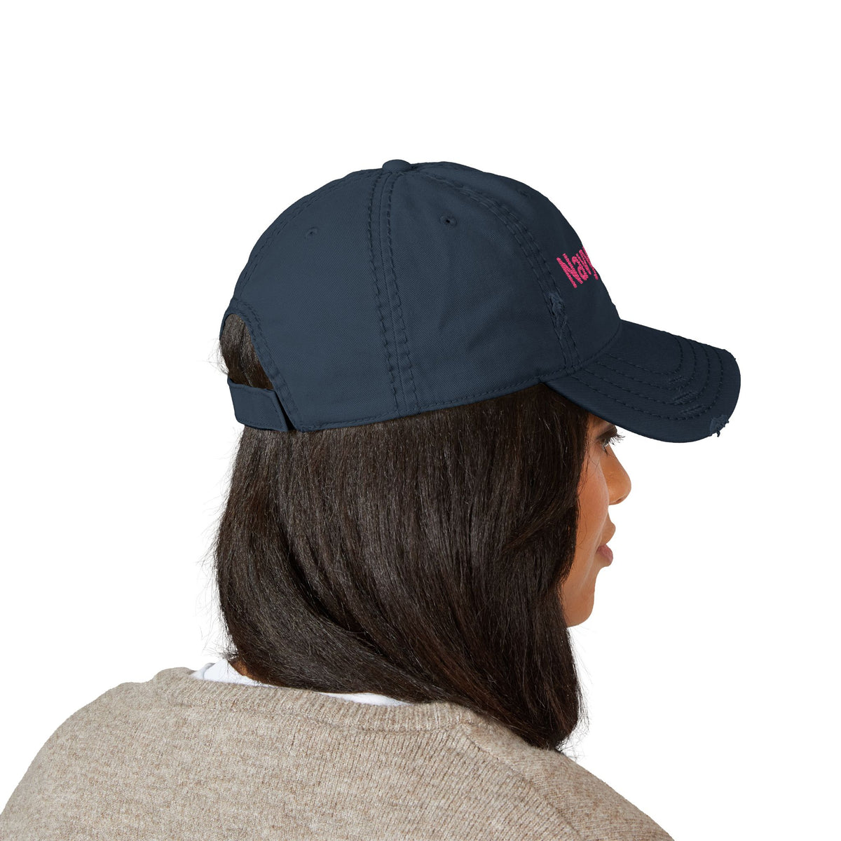 Navy Wife Distressed Dad Hat - Embroidered Pink Text